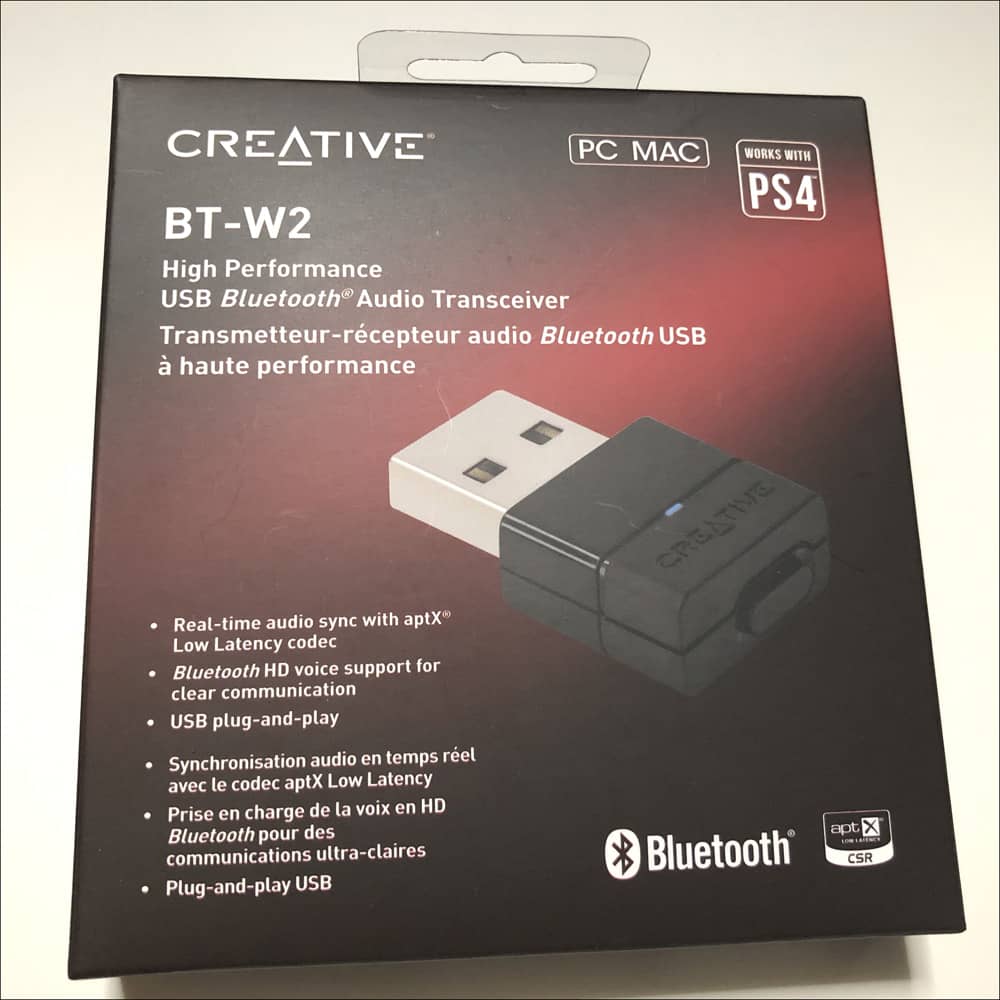 PS4 AirPodsPro。「Creative BT-W2 PS4対応 Bluetooth トランスミッター USB オーディオ 低遅延 aptX LL対応 HP-BTW2」のパッケージ画像。