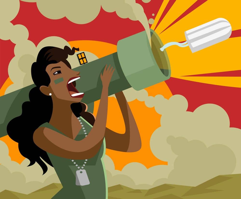 ロケットランチャーを発射する褐色の女性兵士のイラスト。