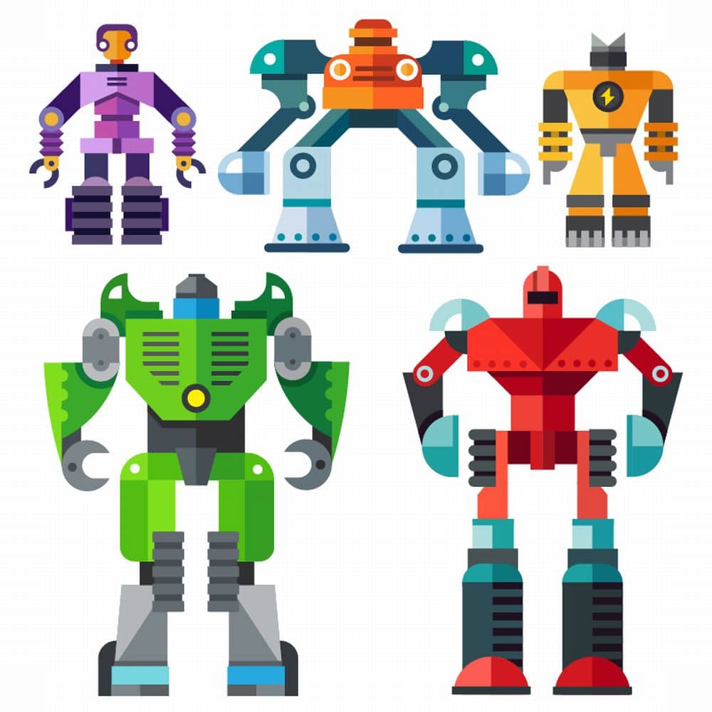 5体のロボットが居並ぶ画像。